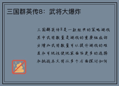 三国群英传8：武将大爆炸